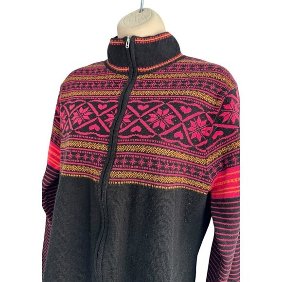 VTG Obermeyer Woman's Sz L Full Zip Black Pink Yellow Fair Isle Cardigan Sweater - Picture 2 of 11